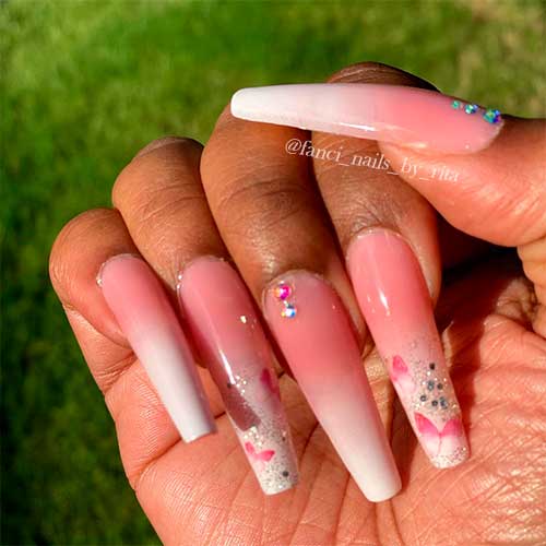 Long Pink and White Ombre Nails 2021 with butterfly nail art on tips
