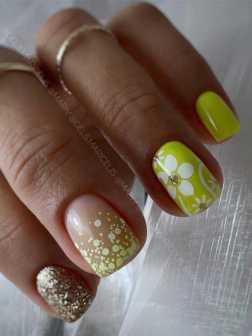Long spring neon yellow nails 2023 with glitter and floral nail art