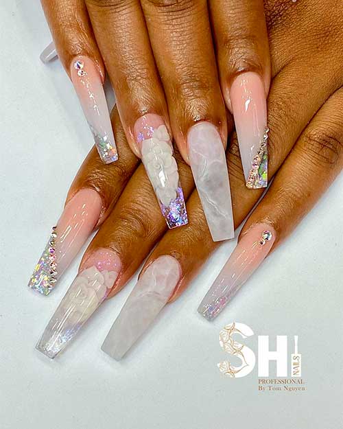 Modern Wedding French Ombre Nail Design with Sparkling Effects 