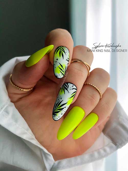 Neon Yellow Nails with Leaf Nail Art on Two White Accents for Summertime