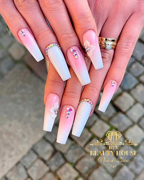 Pink and white ombre nails 2021 with rhinestones and accent floral nail art!