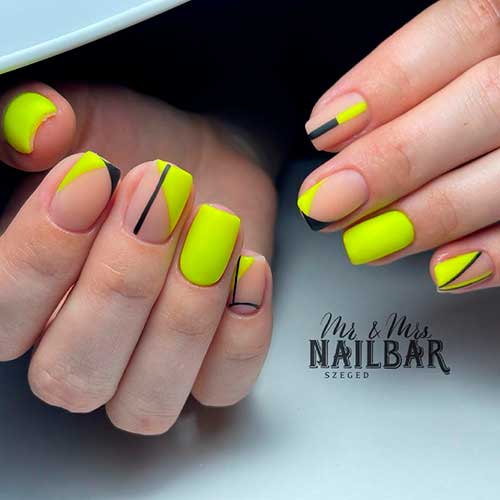 Short Neon Yellow Nails 2021 with Over Nude Nail Base with black stripes
