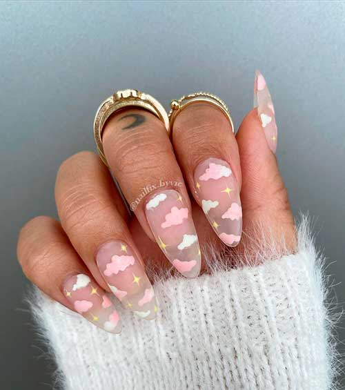 Clear Acrylic Nails 2021 with Cloud Nail Art for summer time!