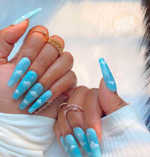 Light blue coffin shaped cloud nails for summer 2021 Light blue coffin shaped cloud nails for summer 2021