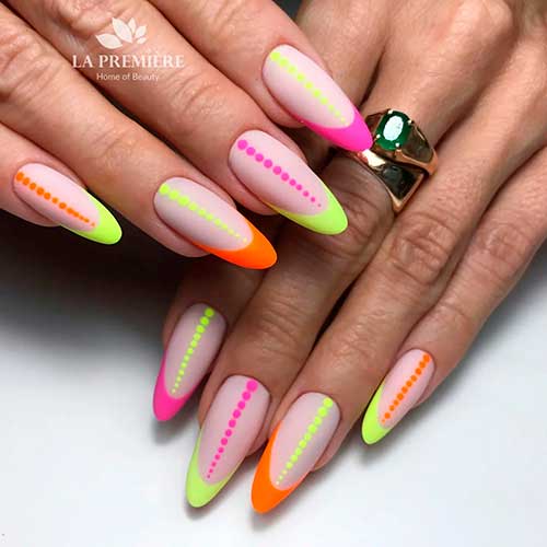 Colorful French Neon Summer Nails Colorful French Neon Summer Nails - Cute Summer Nails Almond Shaped with Center-line Dots