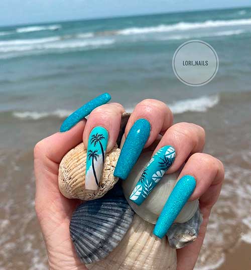 Cute Beach Nails with Leaf and Palm Nail Art for summer 2021