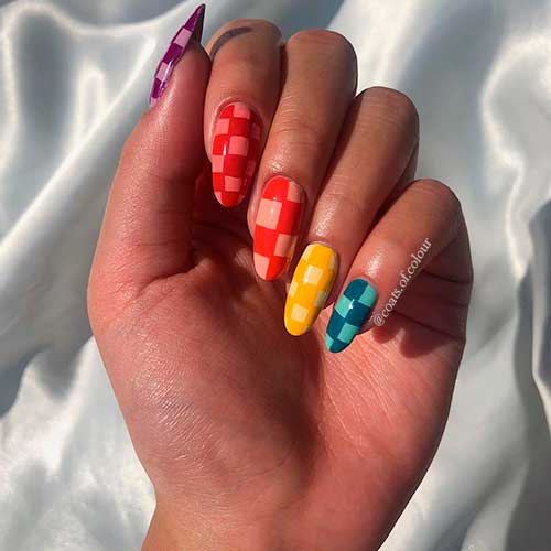 Cute Colorful almond shaped Checkered nails 2021 for summer time