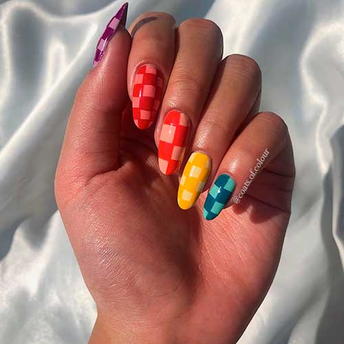 Cute Colorful Checkers Cute Colorful almond shaped Checkered nails 2021 for summer time