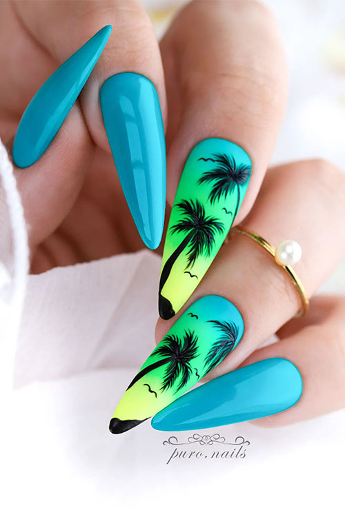 Long almond blue summer nails with two accent tropical ombre blue green and yellow nails adorned with black palm trees Long almond blue summer nails with two accent tropical ombre blue green and yellow nails adorned with black palm trees