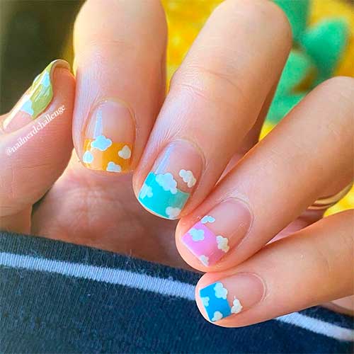 Mixed Colored Short French Tip Nails 2021 with Cloud Nail Art for summer time!