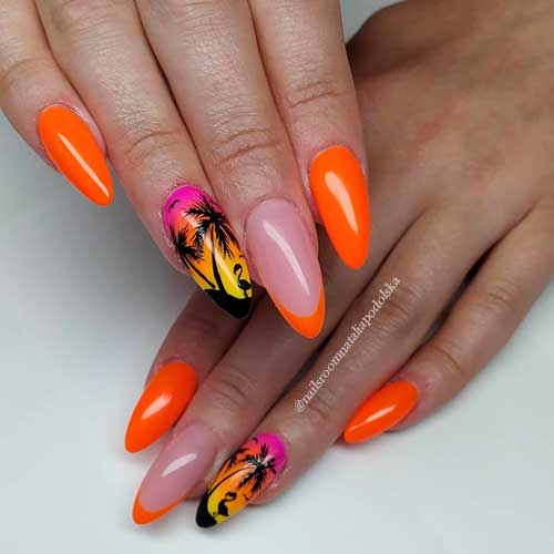 Orange Nails with Flamingo and Palm Nail Art Orange Nails 2021 with Flamingo and Palm Nail Art for summer season