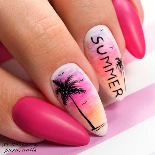 Pink Palm Nail Art Design Pink nails 2021 with two accent Palm Nails for summer days