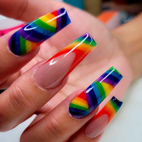Long coffin shaped rainbow nails 2021 for summer time
