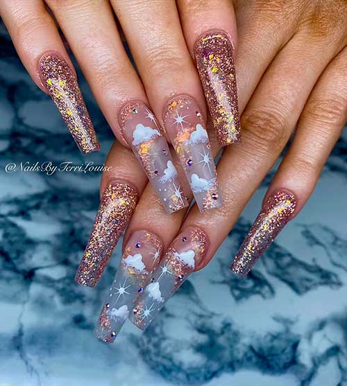 Rose Gold Glitter coffin shaped Cloud Nails 2021 for summer occasions