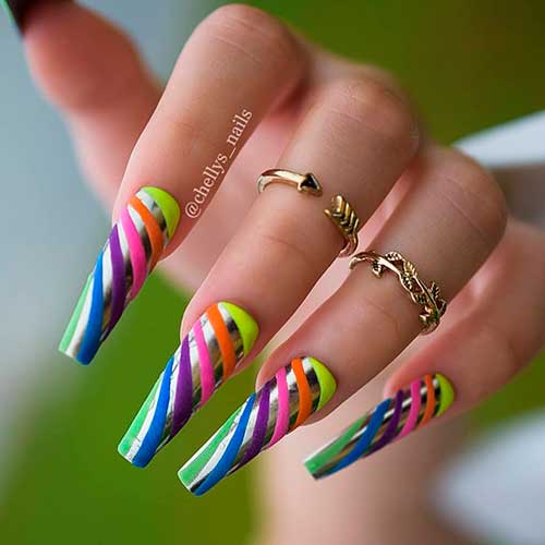 Silver Chrome Summer Nails with Rainbow Nail Art