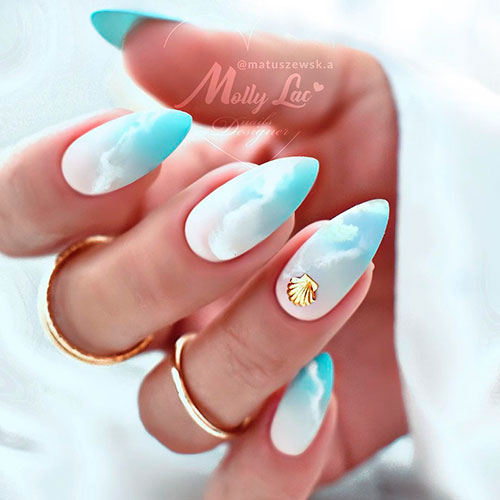 Summer Nails 2021 with Cloud nail Art over light blue ombre style!