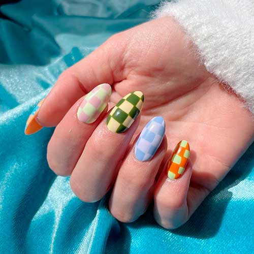 Summer Nails with Mixed checkerboards Almond shaped Summer Nails 2021 with Mixed checkerboards