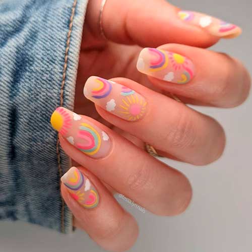Sunshine, Rainbow, and Cloud Nail Art Design for summer time