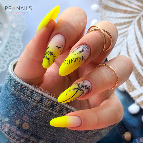 Ombre almond-shaped Yellow neon summer nails 2021 with palm nail art