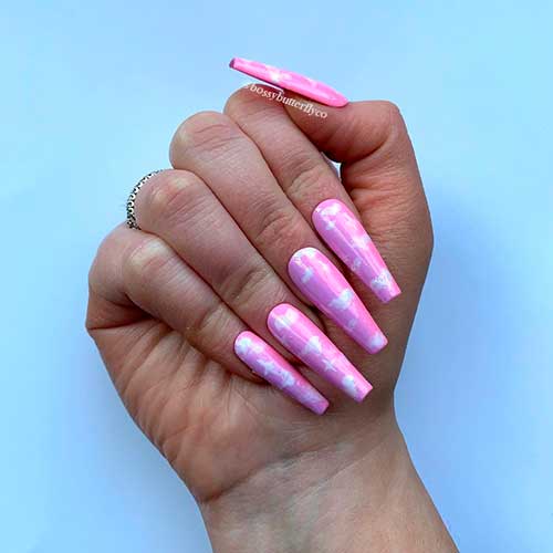 Glossy pink cloud press on nails 2021 coffin shaped for summer time