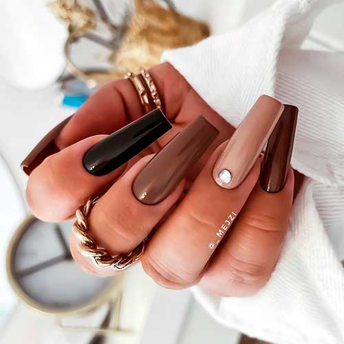 Beautiful Long Glossy Square Shaped brown, beige, and Black Autumn Nails 2021