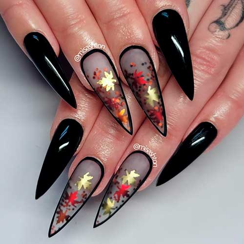 Stiletto Black Autumn Nails with Maple Leaves