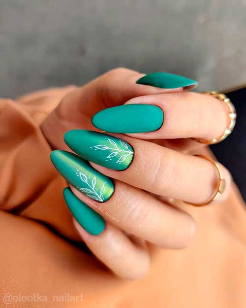 Chic Glittery Fall Nails matte almond green Fall Nails 2021 with two accent pollen Unicorn nails with white fall leaves