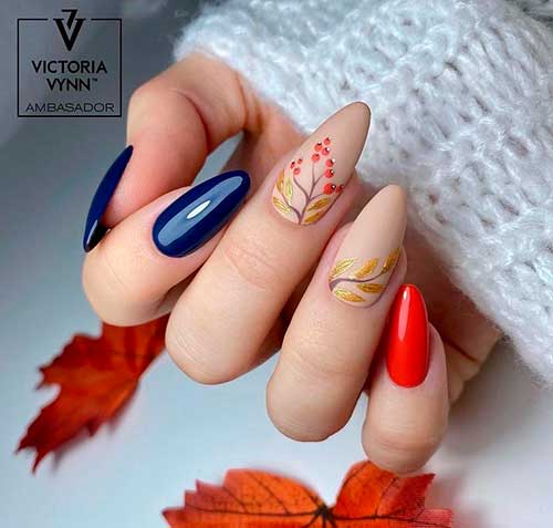 Classy Fall Design Nails Almond Shaped Classy Navy, Nude, and Red Fall Design Nails Almond Shaped with Golden Fall Leaves