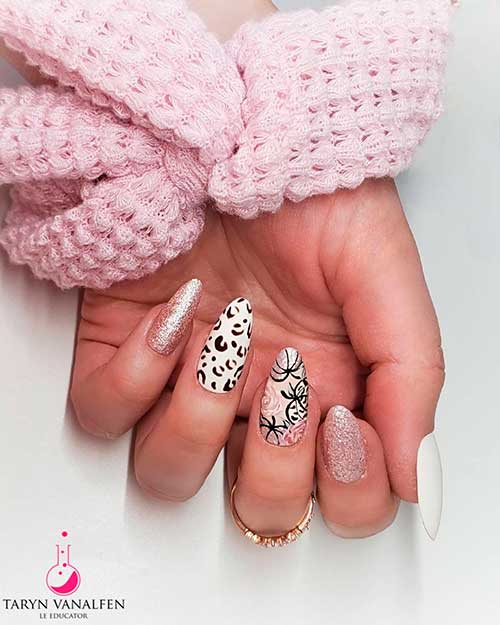 Glittery White, Pumpkin, and Animal Print Accent Nail are the best fall nail ideas 2021 to wear