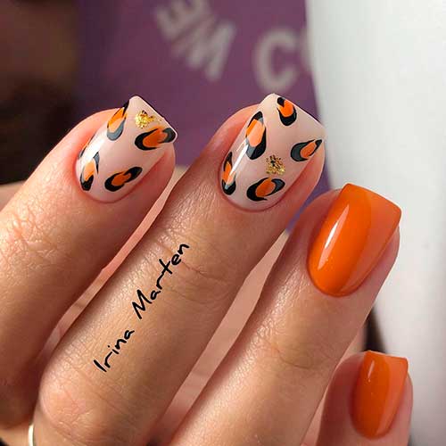 Short Square-Shaped Leopard Print and Orange Fall Nails 2021
