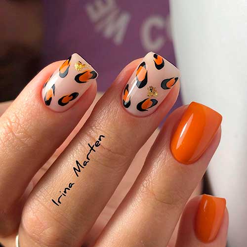 Leopard Print and Orange Fall Nails Short Square-Shaped Leopard Print and Orange Fall Nails 2021