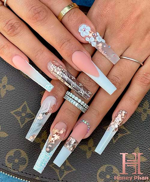 Long Coffin White Acrylic Nails with Encapsulated Fall Leaves, 3D White Flowers and Gold Gliter