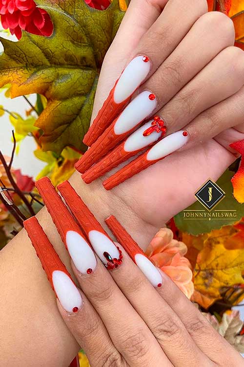Long Coffin Shaped White and Burnt Orange Sweater Fall Nails with Rhinestones