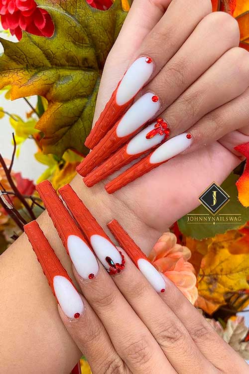 Long White and Burnt Orange Sweater Fall Nails Long Coffin Shaped White and Burnt Orange Sweater Fall Nails with Rhinestones