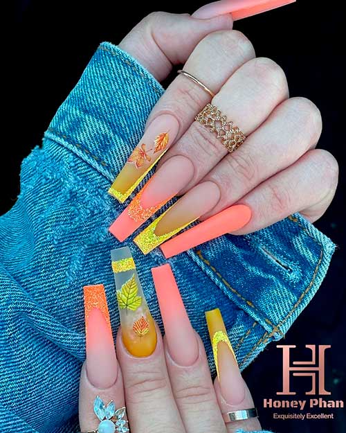 Tender Yellow and Orange long Fall coffin nails 2021, one of the best fall nail ideas to try!