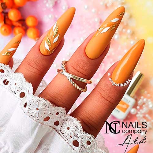 Classy Long Almond Yellow Orange Nail Color with Fall Leaves are best fall nails 2021 to try