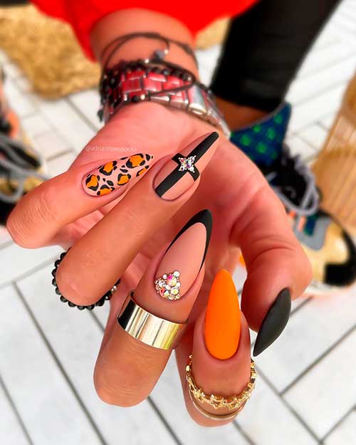 Black and orange nail art design with accent leopard and French nails, fall nail ideas 2021 and best fall nails to try