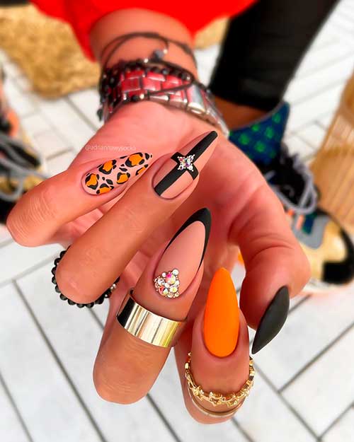 Mix and Match Simple Nail Colors and Design Black and orange nail art design with accent leopard and French nails, fall nail ideas 2021 and best fall nails to try