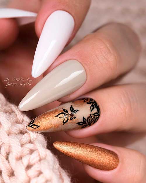 Classic Almond shaped White and Gold Fall Nail Ideas 2021 with black stamping fall leaves