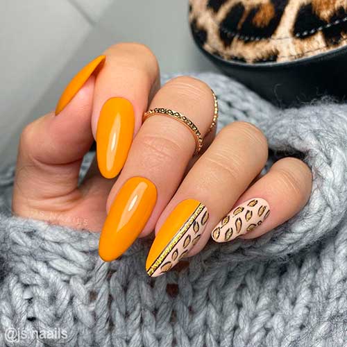 Mustard Yellow Nails with Fall Leaves are perfect choice as fall nails 2021