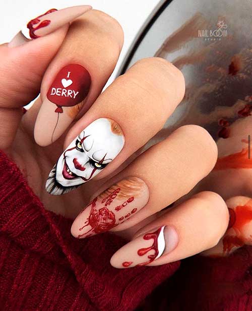 Creepy Bloody IT Halloween Nails 2021 on Nude Color Base