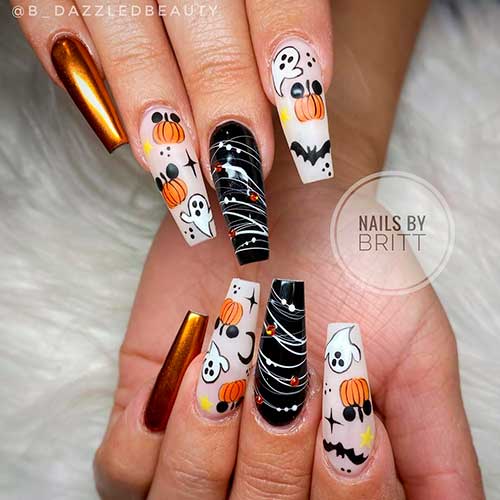 Ghost Nail Art with Halloween Pumpkin Nails Coffin Shaped with Gold Chrome Accent Nail