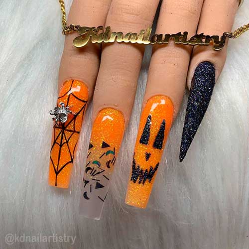 Long coffin shimmer orange pumpkin and spider web nails with accent black glitter nail for Halloween 2021