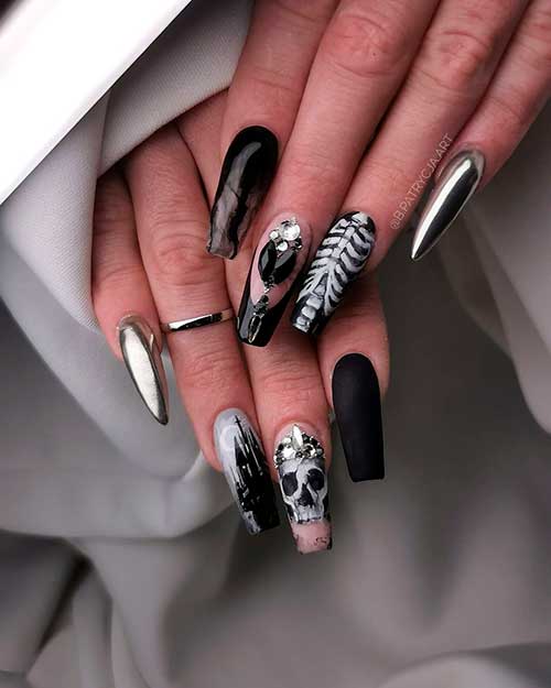 Gothic Halloween Nail Designs with skull, skeleton, rhinestones, and accent mirror nail