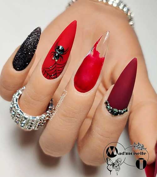 Hot Red Halloween Nails 2021 with rhinestones, bloody, black glitter, and spider web nails design