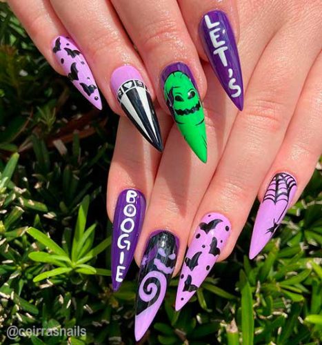 Let's Boogie Purple Stiletto Halloween striped, ghost, bats, and spider web Nails Design for Halloween 2021