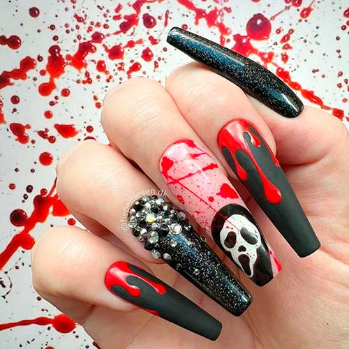 Long Bloody Black Halloween Nails 2021 with Rhinestones and Ghost Face