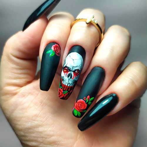 Matte and Glossy Coffin Black Halloween Nails with Accent Bloody Skull Nail Accompanied by Roses 