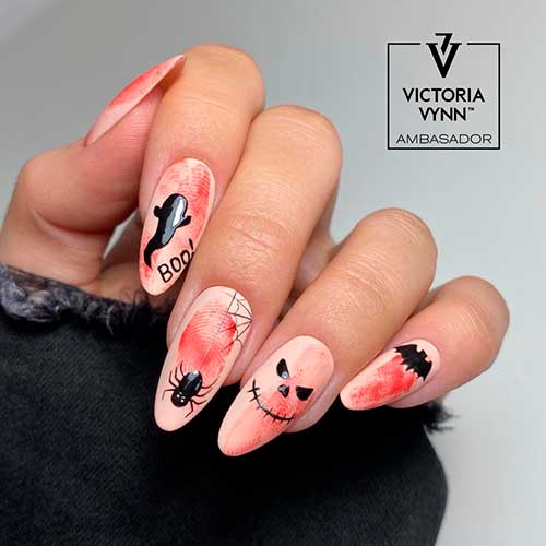 Nude Halloween Nail Designs with bloody fingerprints, ghost, batman, spider web nails