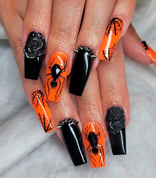 Spooky Spider Halloween Nail Design Consists of Black and Orange Spider Web Nails
